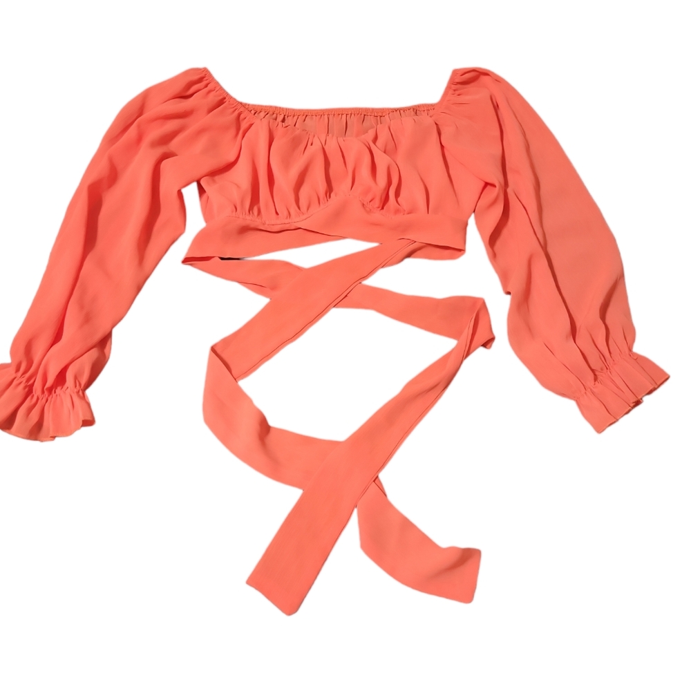 Lyaner Coral crop top with flounce sleeves and tie boho - Picture 3 of 7
